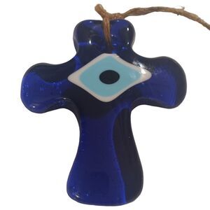 Large Evil Eye Cobalt Blue Glass Nazar Cross Wall Hanging 4.5x4
